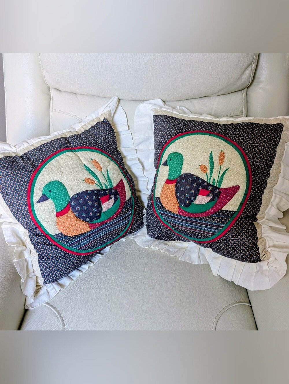 2 VTG Handmade Calico Quilted Lace Country Ducks Geese Cottagecore Throw Pillows